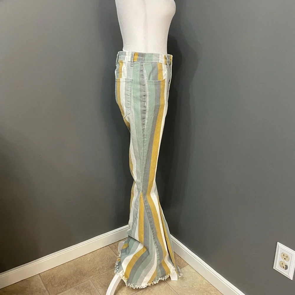 Womens Striped Bell Bottom Jeans M Flare Stretch Hippie Boho Festival Grunge - Picture 3 of 16
